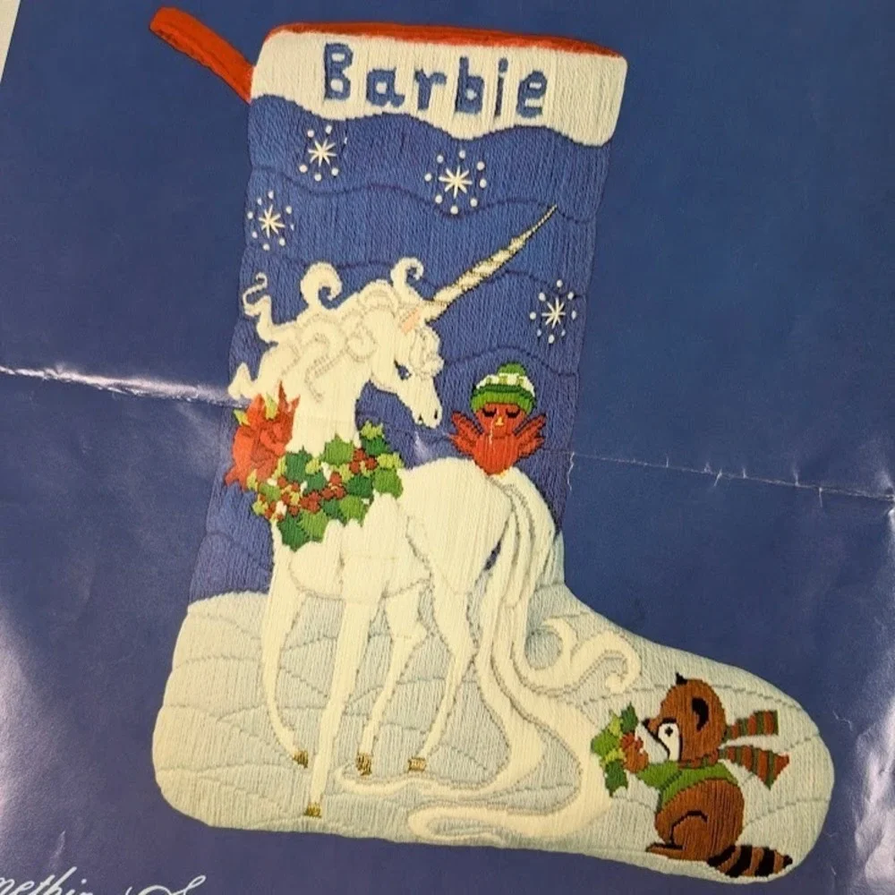 CANDAMAR Needlepoint Christmas Stocking Kit - Unicorn Bird Raccoon Blue 1981